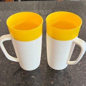 Vintage Raffia ware Yellow and White Ribbed Mugs